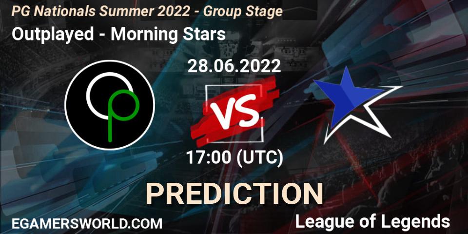 Outplayed contre Morning Stars : prédiction de match. 28.06.2022 at 17:00. LoL, PG Nationals Summer 2022 - Group Stage