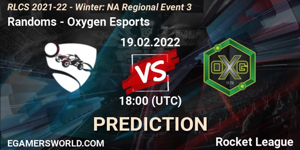 Randoms contre Oxygen Esports : prédiction de match. 19.02.2022 at 18:00. Rocket League, RLCS 2021-22 - Winter: NA Regional Event 3