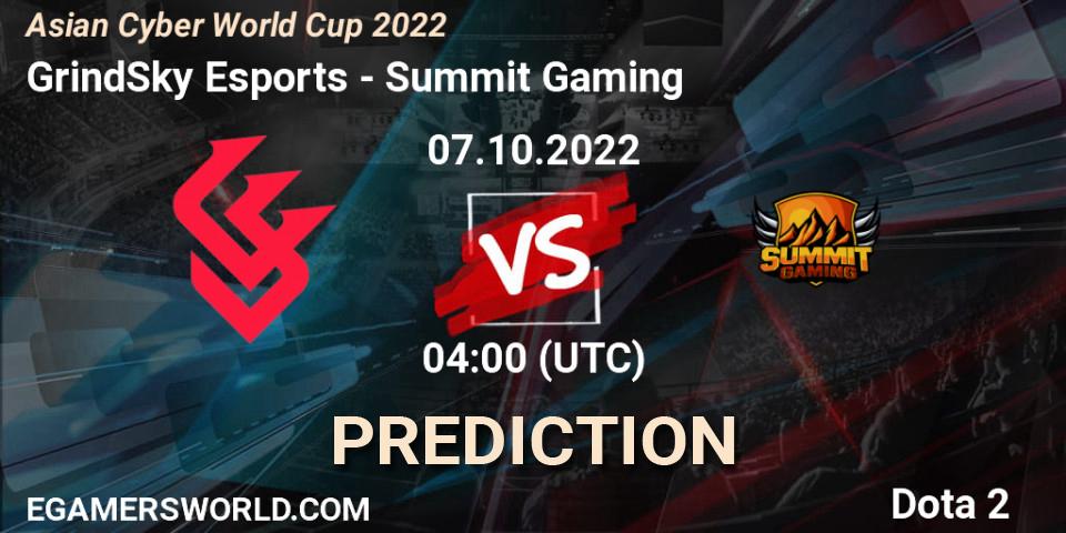 GrindSky Esports contre Summit Gaming : prédiction de match. 07.10.2022 at 04:12. Dota 2, Asian Cyber World Cup 2022