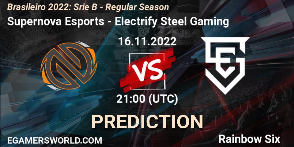 Supernova Esports contre Electrify Steel Gaming : prédiction de match. 16.11.2022 at 21:00. Rainbow Six, Brasileirão 2022: Série B - Regular Season