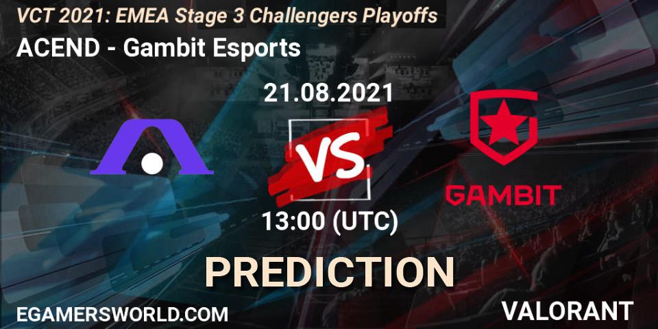 ACEND contre Gambit Esports : prédiction de match. 21.08.2021 at 13:00. VALORANT, VCT 2021: EMEA Stage 3 Challengers Playoffs