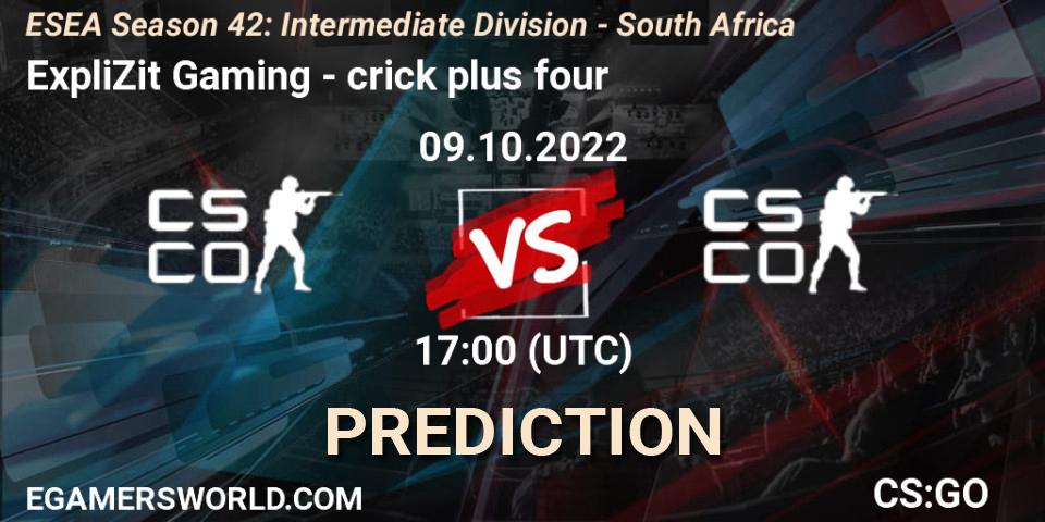 ExpliZit Gaming contre crick plus four : prédiction de match. 09.10.2022 at 17:00. Counter-Strike (CS2), ESEA Season 42: Intermediate Division - South Africa