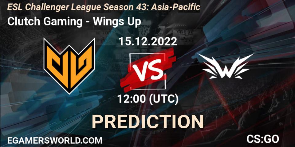 Clutch Gaming contre Wings Up : prédiction de match. 15.12.2022 at 12:00. Counter-Strike (CS2), ESL Challenger League Season 43: Asia-Pacific
