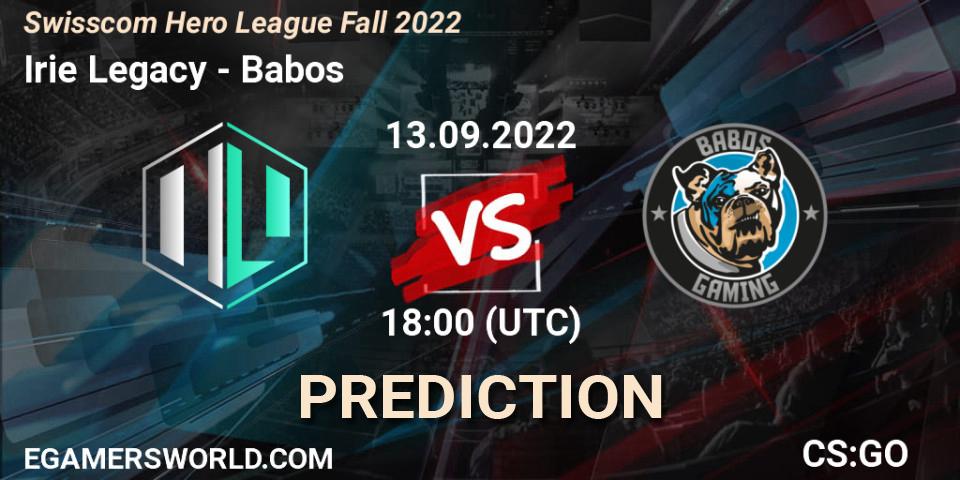 Irie Legacy contre Babos : prédiction de match. 13.09.2022 at 18:00. Counter-Strike (CS2), Swisscom Hero League Fall 2022