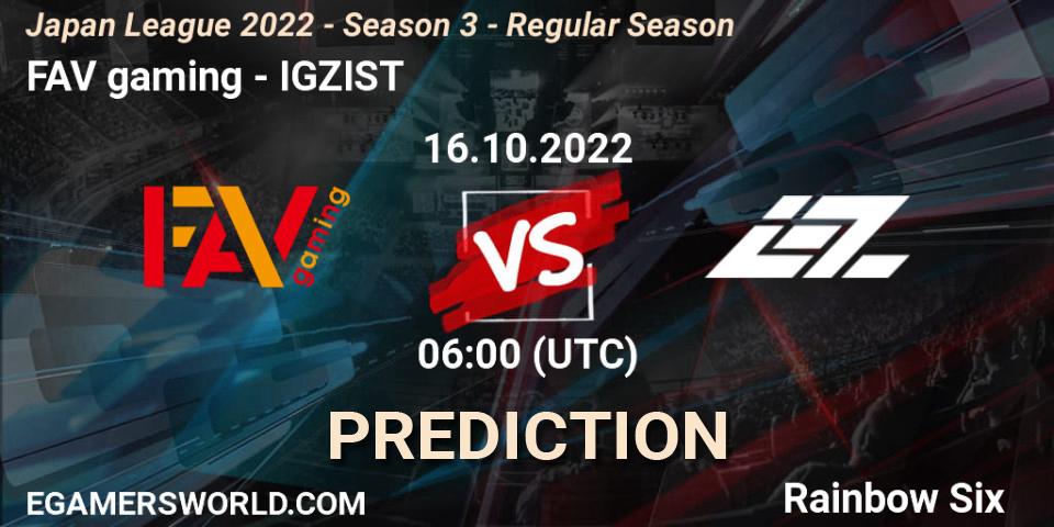 FAV gaming contre IGZIST : prédiction de match. 16.10.2022 at 06:00. Rainbow Six, Japan League 2022 - Season 3 - Regular Season