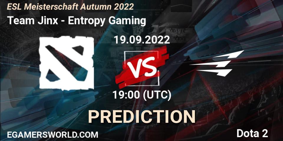Team Jinx contre Entropy Gaming : prédiction de match. 19.09.2022 at 20:00. Dota 2, ESL Meisterschaft Autumn 2022