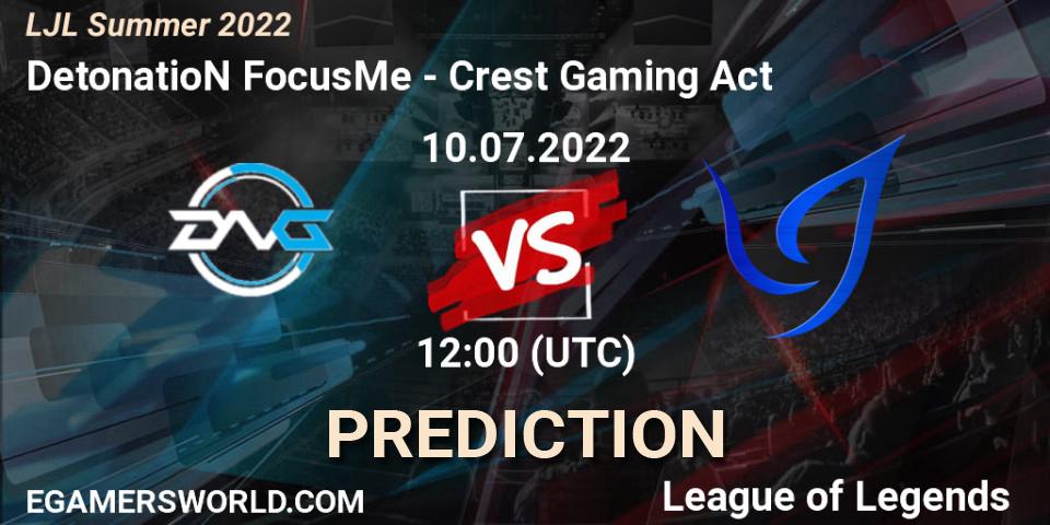 DetonatioN FocusMe contre Crest Gaming Act : prédiction de match. 10.07.2022 at 12:00. LoL, LJL Summer 2022