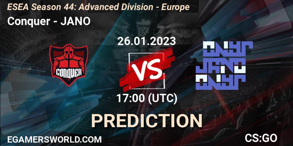 Conquer contre JANO : prédiction de match. 26.01.2023 at 17:00. Counter-Strike (CS2), ESEA Season 44: Advanced Division - Europe