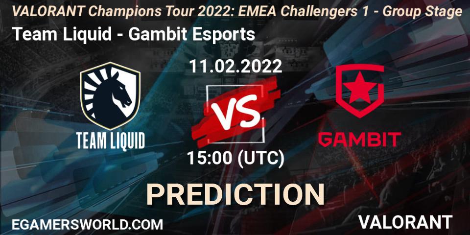 Team Liquid contre Gambit Esports : prédiction de match. 11.02.2022 at 15:00. VALORANT, VCT 2022: EMEA Challengers 1 - Group Stage