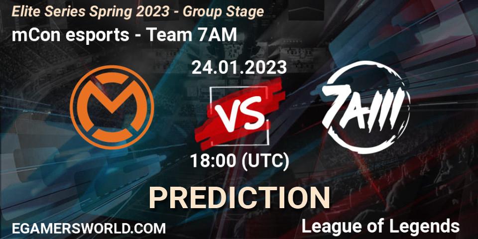 mCon esports contre Team 7AM : prédiction de match. 24.01.2023 at 18:00. LoL, Elite Series Spring 2023 - Group Stage