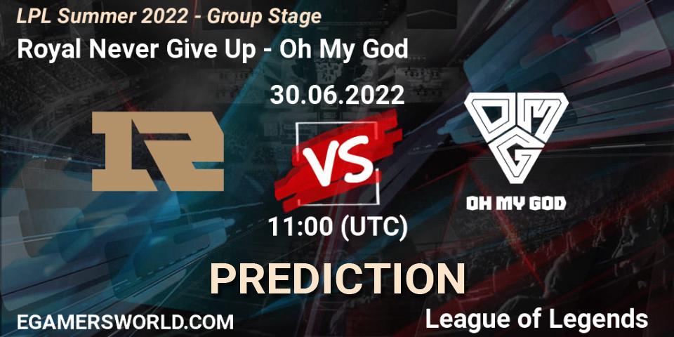 Royal Never Give Up contre Oh My God : prédiction de match. 30.06.2022 at 11:40. LoL, LPL Summer 2022 - Group Stage