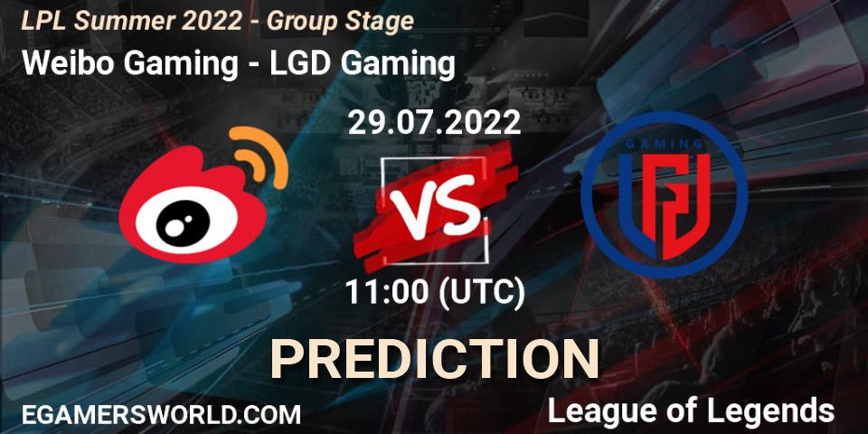 Weibo Gaming contre LGD Gaming : prédiction de match. 29.07.2022 at 11:00. LoL, LPL Summer 2022 - Group Stage