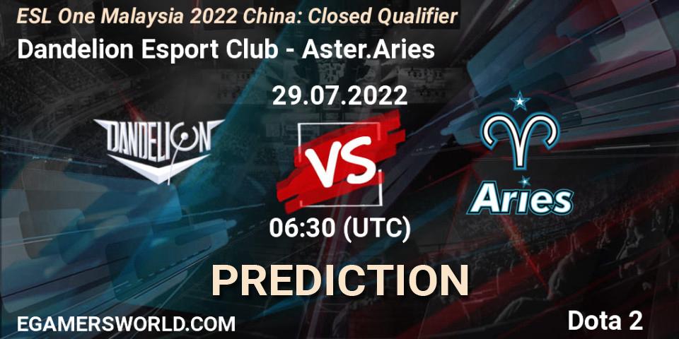 Dandelion Esport Club contre Aster.Aries : prédiction de match. 29.07.2022 at 06:32. Dota 2, ESL One Malaysia 2022 China: Closed Qualifier