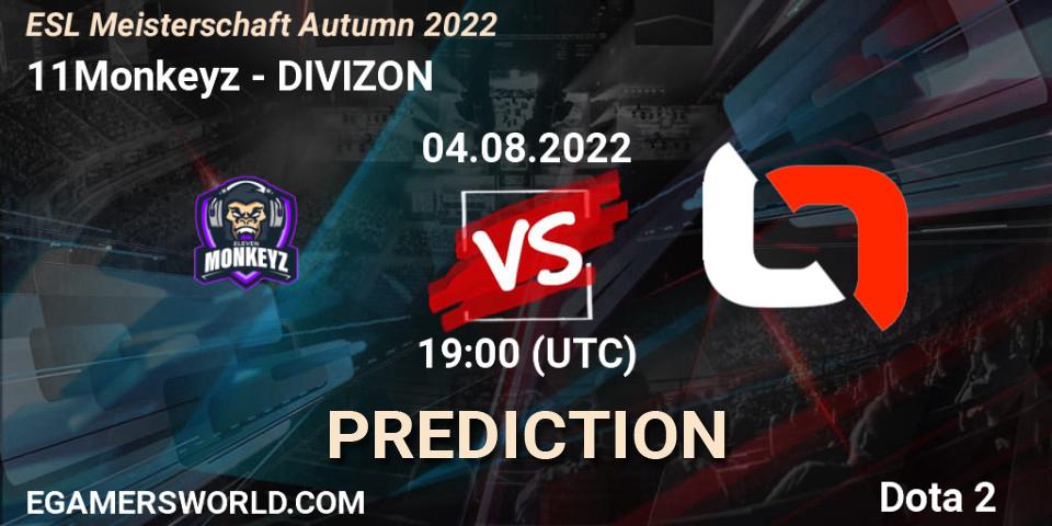 11Monkeyz contre DIVIZON : prédiction de match. 04.08.2022 at 19:25. Dota 2, ESL Meisterschaft Autumn 2022