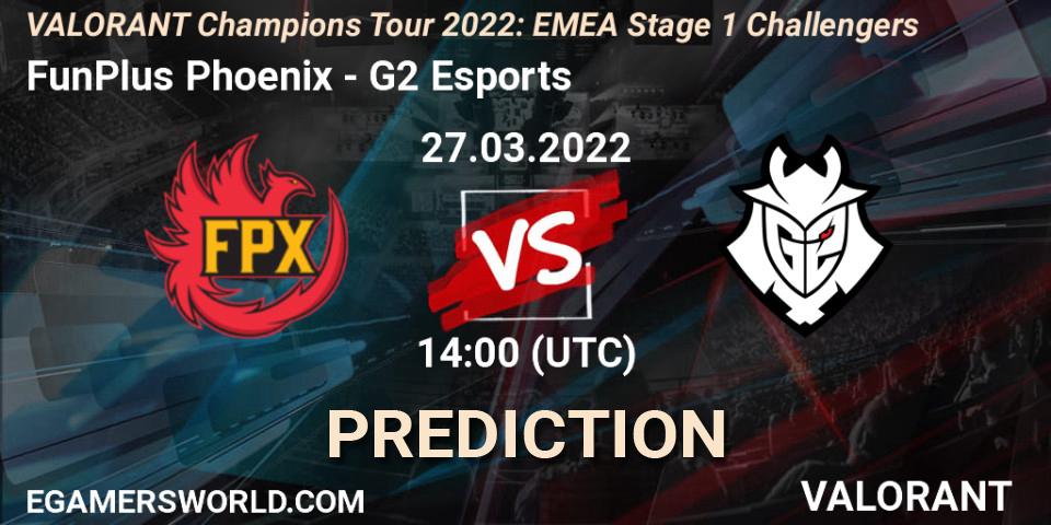 FunPlus Phoenix contre G2 Esports : prédiction de match. 27.03.2022 at 14:00. VALORANT, VCT 2022: EMEA Stage 1 Challengers
