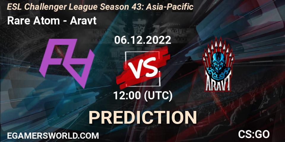 Rare Atom contre Aravt : prédiction de match. 06.12.2022 at 12:00. Counter-Strike (CS2), ESL Challenger League Season 43: Asia-Pacific