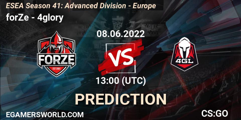 forZe contre 4glory : prédiction de match. 08.06.2022 at 13:00. Counter-Strike (CS2), ESEA Season 41: Advanced Division - Europe