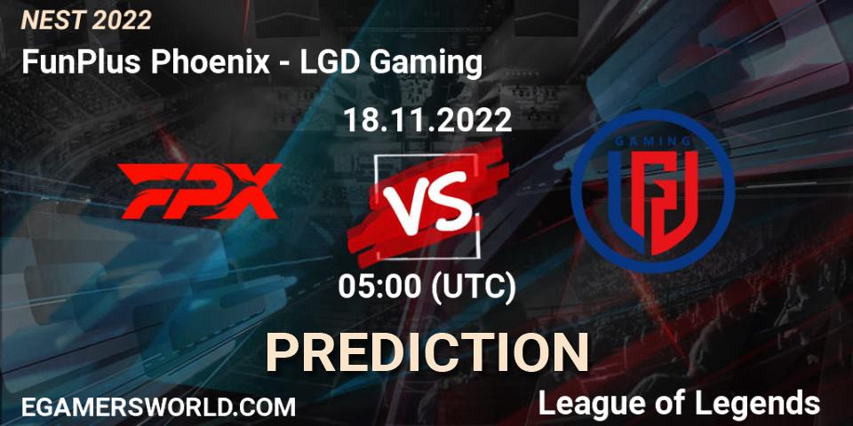 FunPlus Phoenix contre LGD Gaming : prédiction de match. 18.11.2022 at 06:45. LoL, NEST 2022