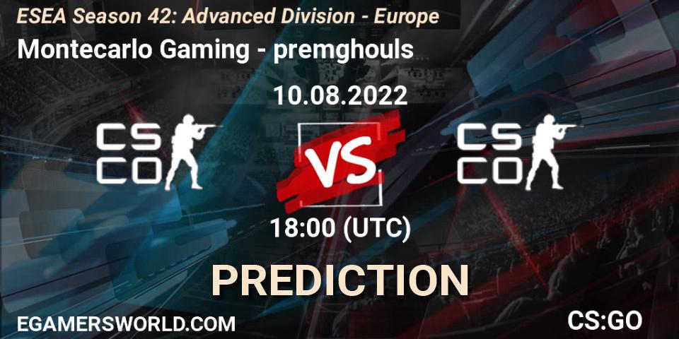 Montecarlo Gaming contre premghouls : prédiction de match. 10.08.2022 at 18:00. Counter-Strike (CS2), ESEA Season 42: Advanced Division - Europe