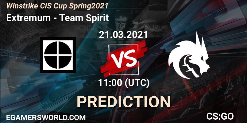 Extremum contre Team Spirit : prédiction de match. 21.03.2021 at 12:30. Counter-Strike (CS2), Winstrike CIS Cup Spring 2021