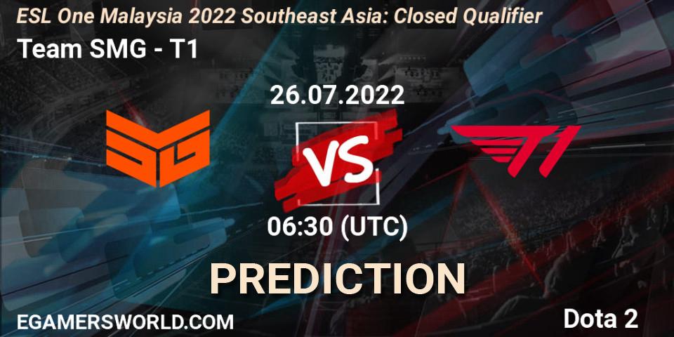 Team SMG contre T1 : prédiction de match. 26.07.2022 at 06:40. Dota 2, ESL One Malaysia 2022 Southeast Asia: Closed Qualifier