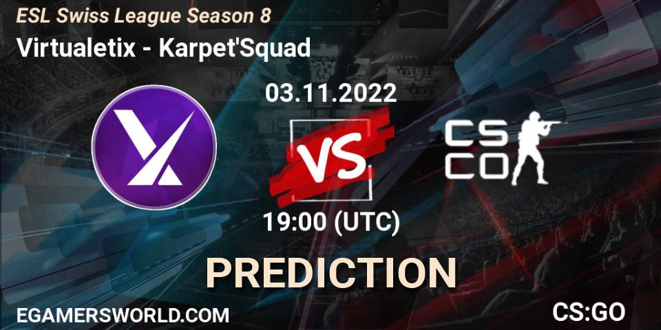 Virtualetix contre Karpet'Squad : prédiction de match. 03.11.2022 at 19:00. Counter-Strike (CS2), ESL Swiss League Season 8