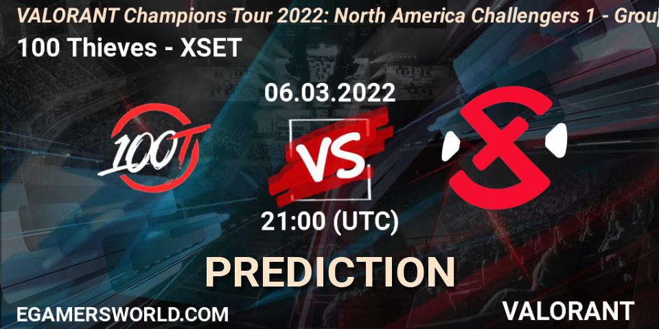 100 Thieves contre XSET : prédiction de match. 06.03.2022 at 21:15. VALORANT, VCT 2022: North America Challengers 1 - Group Stage