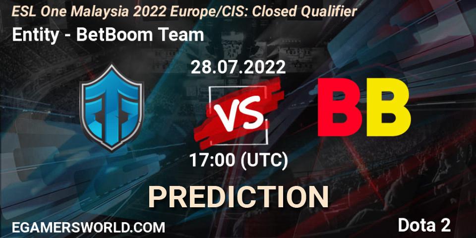 Entity contre BetBoom Team : prédiction de match. 28.07.2022 at 17:00. Dota 2, ESL One Malaysia 2022 Europe/CIS: Closed Qualifier