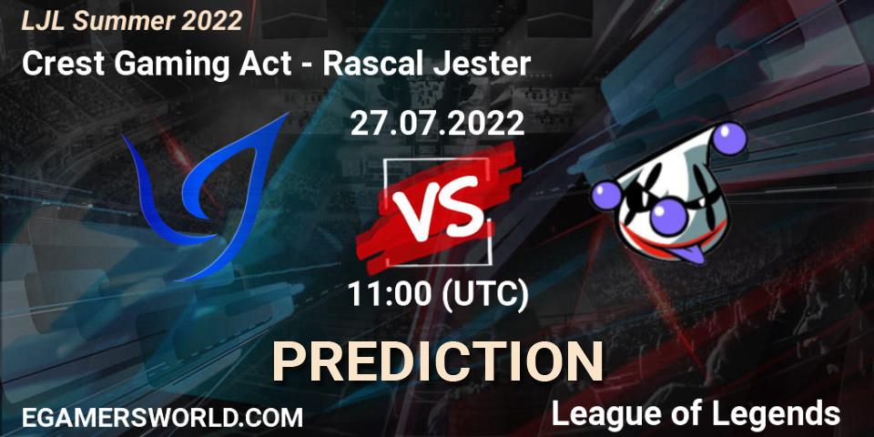 Crest Gaming Act contre Rascal Jester : prédiction de match. 27.07.2022 at 11:00. LoL, LJL Summer 2022