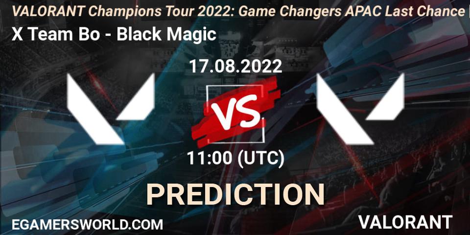 X Team Bo contre Black Magic : prédiction de match. 17.08.2022 at 11:00. VALORANT, VCT 2022: Game Changers APAC Last Chance Qualifier