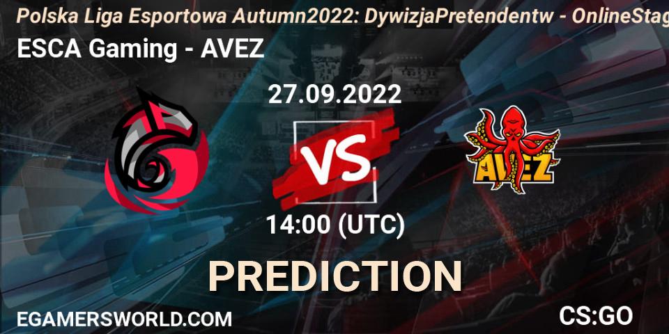 ESCA Gaming contre AVEZ : prédiction de match. 27.09.2022 at 14:00. Counter-Strike (CS2), Polska Liga Esportowa Autumn 2022: Dywizja Pretendentów - Online Stage
