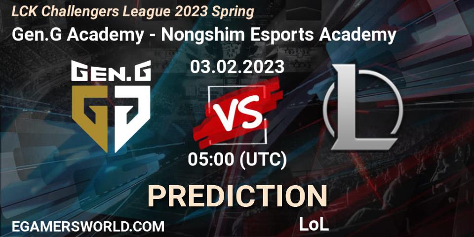 Gen.G Academy contre Nongshim Esports Academy : prédiction de match. 03.02.2023 at 05:00. LoL, LCK Challengers League 2023 Spring
