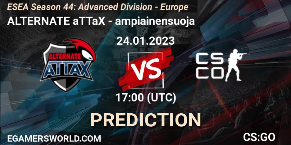 ALTERNATE aTTaX contre ampiainensuoja : prédiction de match. 24.01.2023 at 17:00. Counter-Strike (CS2), ESEA Season 44: Advanced Division - Europe