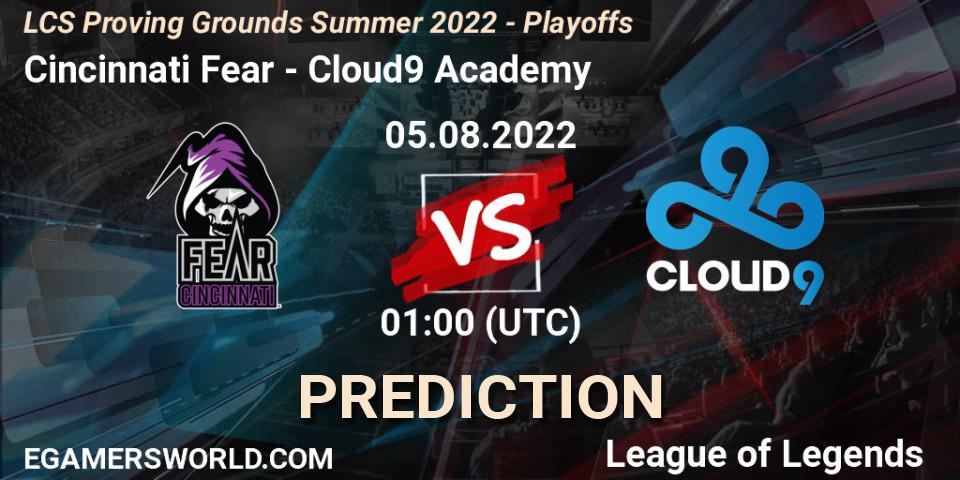 Cincinnati Fear contre Cloud9 Academy : prédiction de match. 05.08.2022 at 00:00. LoL, LCS Proving Grounds Summer 2022 - Playoffs