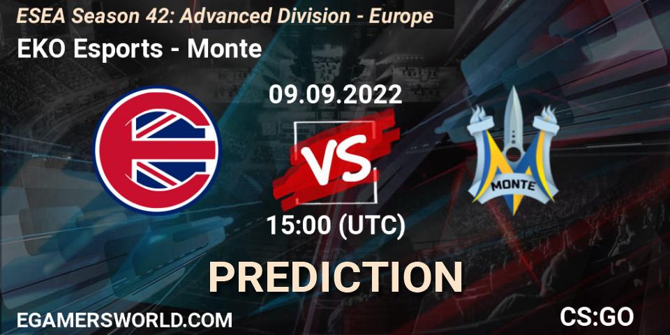 EKO Esports contre Monte : prédiction de match. 09.09.2022 at 15:00. Counter-Strike (CS2), ESEA Season 42: Advanced Division - Europe