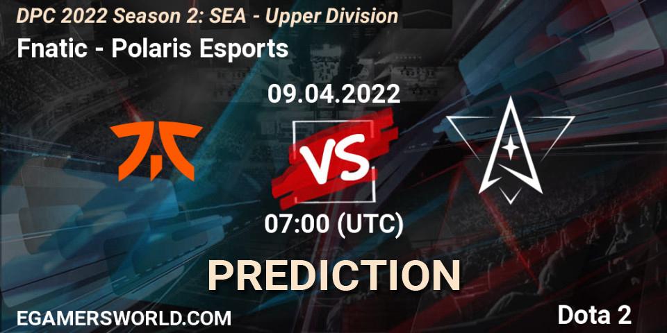 Fnatic contre Polaris Esports : prédiction de match. 09.04.2022 at 07:31. Dota 2, DPC 2021/2022 Tour 2 (Season 2): SEA Division I (Upper)