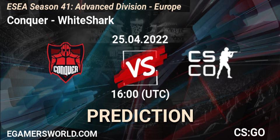 Conquer contre WhiteShark : prédiction de match. 25.04.2022 at 16:00. Counter-Strike (CS2), ESEA Season 41: Advanced Division - Europe