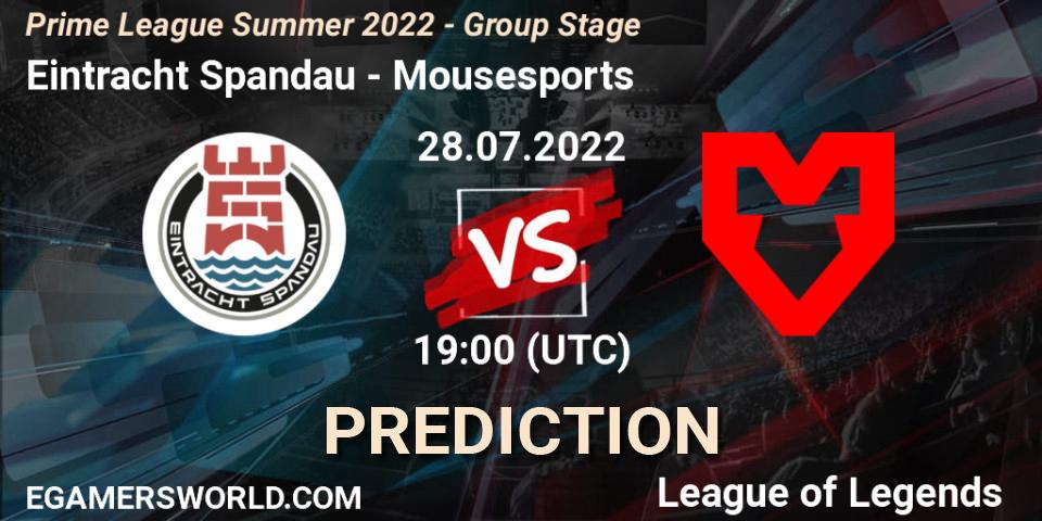 Eintracht Spandau contre Mousesports : prédiction de match. 28.07.2022 at 19:00. LoL, Prime League Summer 2022 - Group Stage