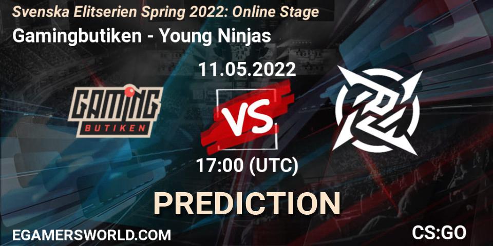 Gamingbutiken contre Young Ninjas : prédiction de match. 11.05.2022 at 17:00. Counter-Strike (CS2), Svenska Elitserien Spring 2022: Online Stage