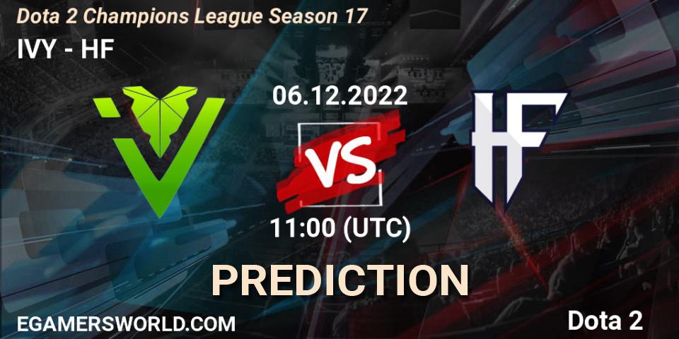 IVY contre HF : prédiction de match. 06.12.2022 at 11:00. Dota 2, Dota 2 Champions League Season 17