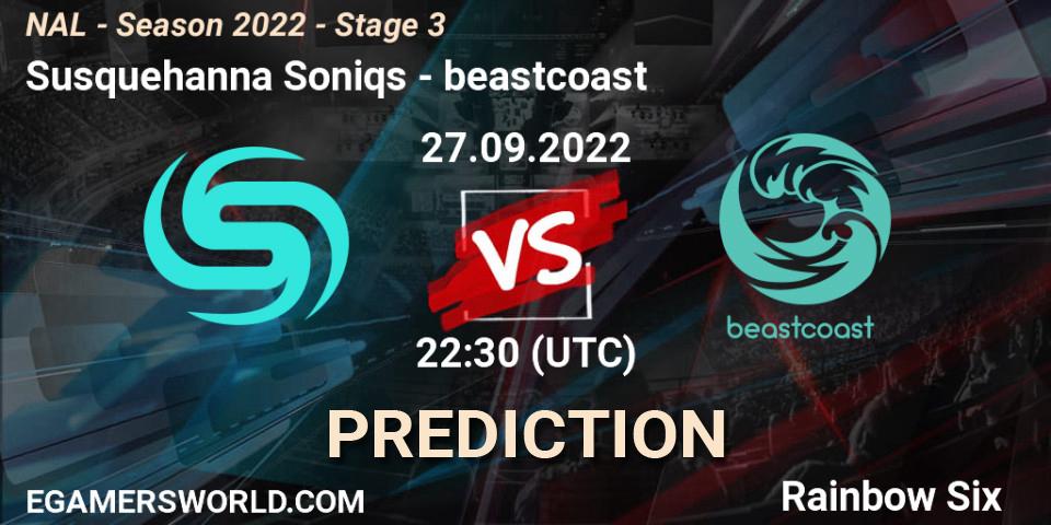 Susquehanna Soniqs contre beastcoast : prédiction de match. 27.09.2022 at 22:30. Rainbow Six, NAL - Season 2022 - Stage 3