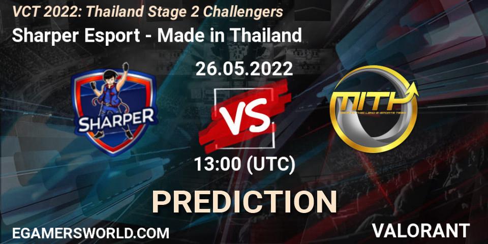 Sharper Esport contre Made in Thailand : prédiction de match. 26.05.2022 at 13:00. VALORANT, VCT 2022: Thailand Stage 2 Challengers