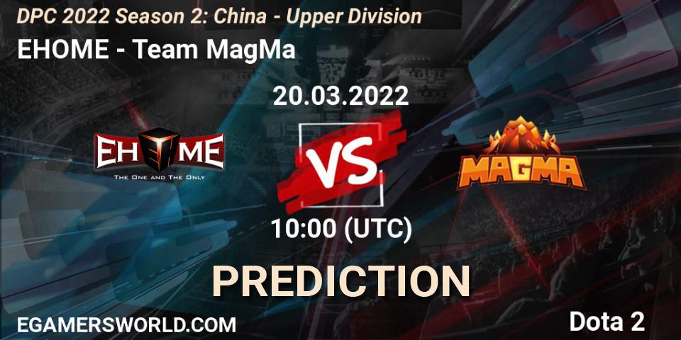 EHOME contre Team MagMa : prédiction de match. 20.03.2022 at 09:59. Dota 2, DPC 2021/2022 Tour 2 (Season 2): China Division I (Upper)