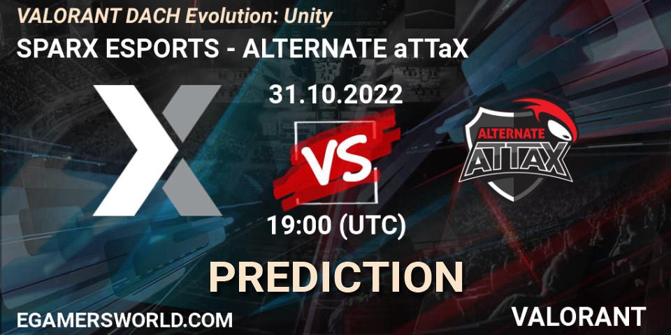 SPARX ESPORTS contre ALTERNATE aTTaX : prédiction de match. 31.10.2022 at 20:15. VALORANT, VALORANT DACH Evolution: Unity