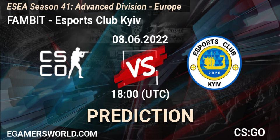 FAMBIT contre Esports Club Kyiv : prédiction de match. 12.06.2022 at 12:00. Counter-Strike (CS2), ESEA Season 41: Advanced Division - Europe