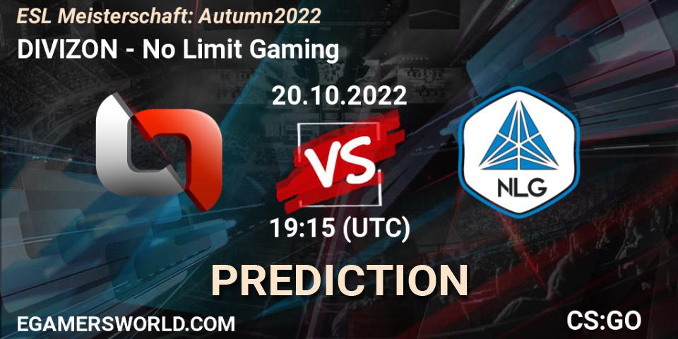 DIVIZON contre No Limit Gaming : prédiction de match. 20.10.2022 at 19:15. Counter-Strike (CS2), ESL Meisterschaft: Autumn 2022
