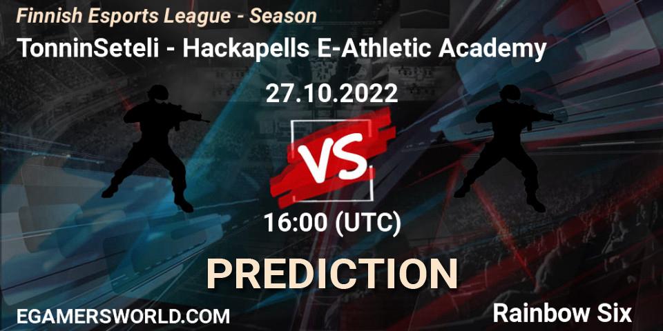 TonninSeteli contre Hackapells E-Athletic Academy : prédiction de match. 27.10.2022 at 16:00. Rainbow Six, Finnish Esports League - Season 