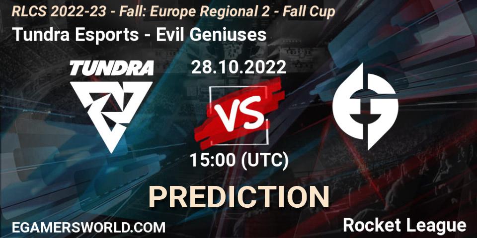 Tundra Esports contre Evil Geniuses : prédiction de match. 28.10.2022 at 15:00. Rocket League, RLCS 2022-23 - Fall: Europe Regional 2 - Fall Cup
