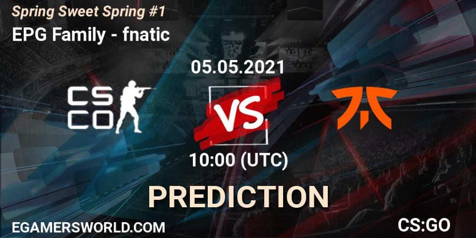 EPG Family contre fnatic : prédiction de match. 05.05.2021 at 10:00. Counter-Strike (CS2), Spring Sweet Spring #1