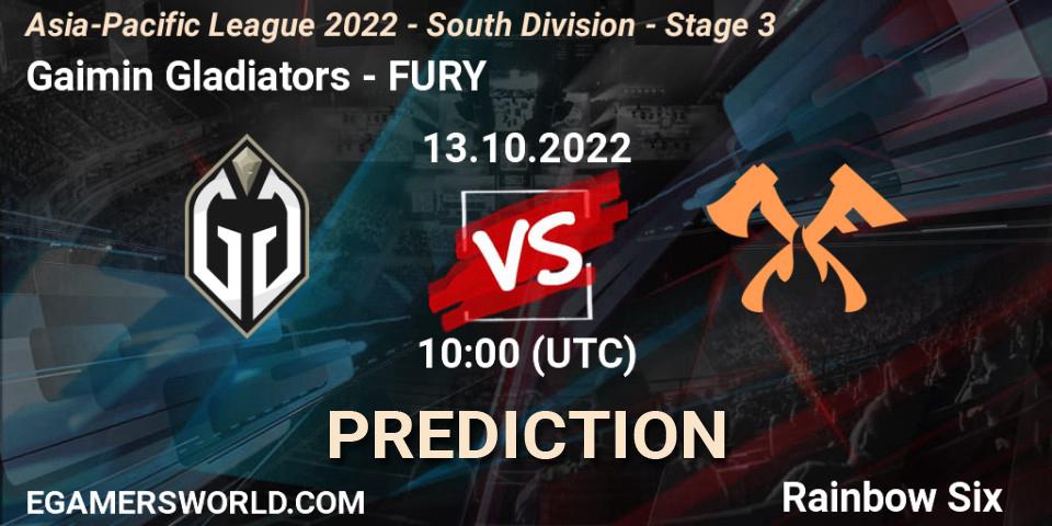 Gaimin Gladiators contre FURY : prédiction de match. 13.10.2022 at 10:00. Rainbow Six, Asia-Pacific League 2022 - South Division - Stage 3